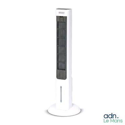 a white tower fan sitting on top of a white stand