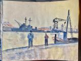 a painting of a couple of people standing on the beach