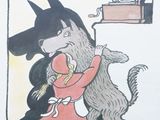 drawing of a dog in a red coat and a hat with a record on it