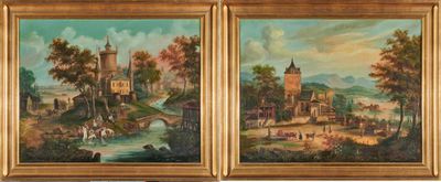 deux tableaux représentant un paysage avec un château et une rivière