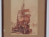 tableau représentant un bateau sur un plan d'eau, avec d'autres bateaux en arrière-plan