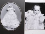 a black and white photo of a baby in a dress and a picture of a baby in a dress