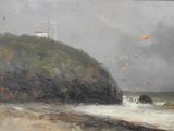 a painting of a lighthouse on a cliff by the ocean