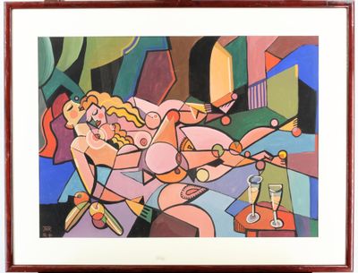tableau représentant une femme avec un verre de vin et un homme avec un couteau