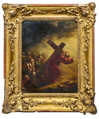 une peinture à l'huile représentant Jésus portant la croix sur une colline