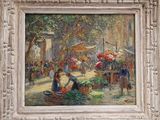 une image représentant un tableau illustrant une scène de marché où l'on voit une femme vendant des fleurs