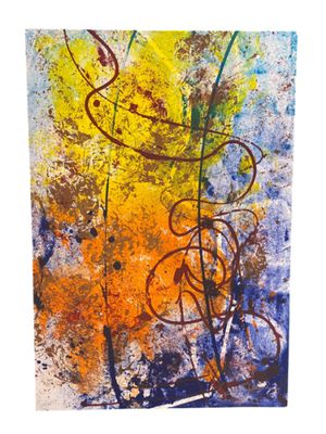 an abstract painting of orange and blue paint on a white background