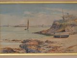 a painting of a sailboat on the beach by the water