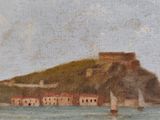 painting of a view of a small island with a sailboat in the foreground