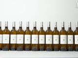 Plusieurs bouteilles de vin blanc sont alignées sur une étagère