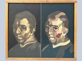 painting of two portraits of a man and a woman in a wooden frame