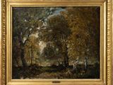 an image of a painting of a wooded scene with a man and a dog