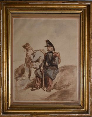 painting of a man and a woman sitting on a hill