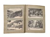 an old book with pictures of a house and a lake