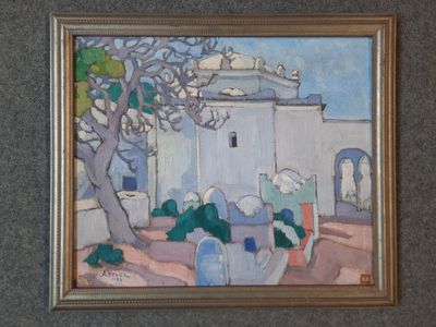 une image représentant un tableau d'un bâtiment avec un arbre devant