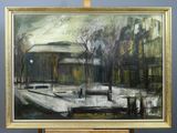 an oil painting of a park with benches and trees in the snow
