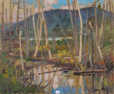 une peinture à l'huile représentant une rivière entourée d'arbres dans une forêt
