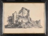 an old drawing of a castle in a black frame on a white background