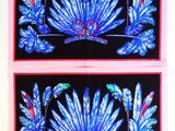 deux tableaux représentant des plumes bleues et roses sur fond noir