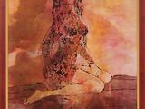 a painting of a woman sitting on the ground with her legs crossed