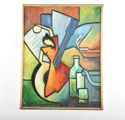 tableau représentant une femme en train de lire un livre, avec une bouteille de vin posée devant elle