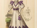 une illustration ancienne représentant une femme vêtue d'une robe violette et blanche