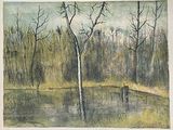 drawing of a painting of a pond with trees and a bench