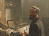 tableau représentant un homme assis à un bureau en train de lire un livre