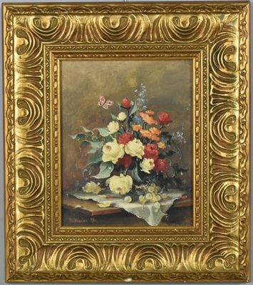 an oil painting of flowers in a vase on a table