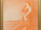 an image of a painting of a woman sitting on a beach