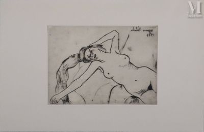 dessin représentant une femme nue allongée sur un lit, les bras derrière la tête