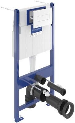 Les toilettes sont bleues et blanches et sont équipées de deux tuyaux