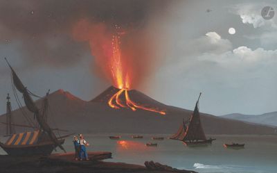 un tableau représentant un bateau sur l'eau, avec un volcan en arrière-plan