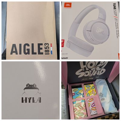 plusieurs photos d'une boîte contenant un casque audio et une paire d'écouteurs