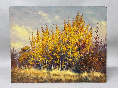une peinture représentant une peinture d'un champ avec des arbres en arrière-plan
