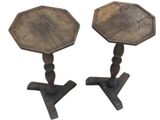 pair of antique wooden tables with turned legs and a wooden table top