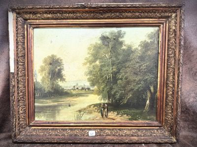 an oil painting of a river scene with a man on a horse by a river
