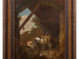 a painting of a man and a woman in a stable with a horse