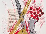 a drawing of a saxophone and a vase with flowers on it