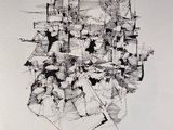 drawing of a black and white image of a city with a lot of buildings