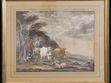 an image of a painting of a man with cattle in a landscape