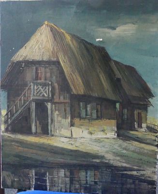 une peinture représentant une grange au bord de la route