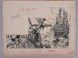 une vieille carte postale représentant un navire et un homme dans un bateau