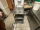 a person standing in a kitchen with a cart in the middle of the floor