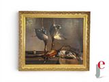une image représentant un tableau sur lequel figurent deux oiseaux suspendus à une corde