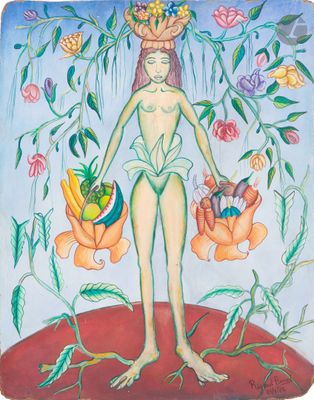 une image représentant un tableau où l'on voit une femme avec des fleurs sur la tête