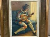 painting of a woman sitting on a couch playing a guitar