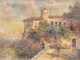 une peinture à l'huile représentant un bâtiment au bord d'un plan d'eau