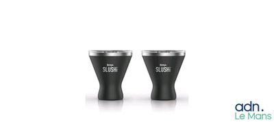 two black and silver cups sitting next to each other on a white surface