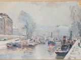 un tableau représentant des bateaux sur l'eau sous la neige
